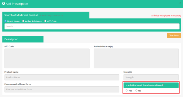 Figure 2.6: Add medical prescription details for the patient. The physician has the option to allow or not the use of substitute medicine.