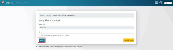 Figure 1.5: CY Login page. Enter the 6-digit code you received on your phone.