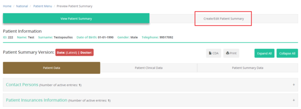 Figure 2.6: Select / Create / Edit Patient Summary.