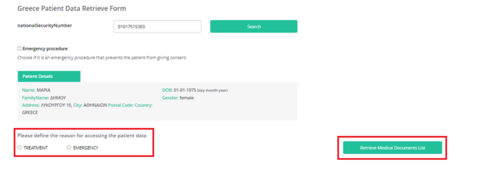 Figure 2.1: Retrieve Personal Details. Define the reason of accessing the patient data and click "Retrieve Medical Documents List".